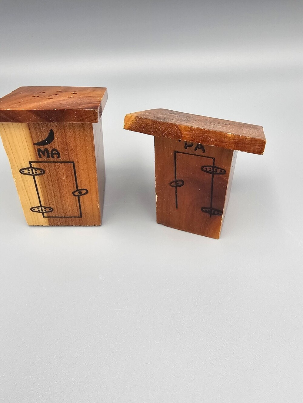 Santa Rosa N.M. Handmade Wooden Miniature Outhouse Salt and Pepper Shakers